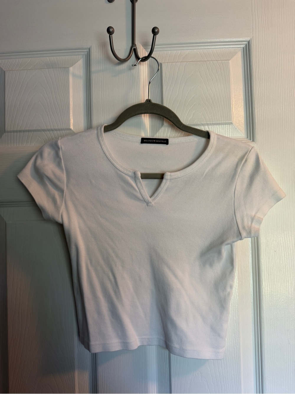 Brandy Melville White Short Sleeve Crop Top with V-Notch